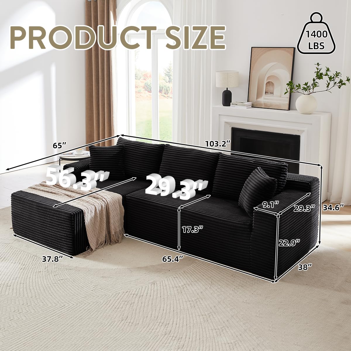 104 Inch Cloud Sectional Couch with L-Shape Chaise,Modern Upholstered Couches with Deep Seat,Corduroy Sponge Compressed Sofa for Living Room,No Assembly Required (Black) ZKJOLMN