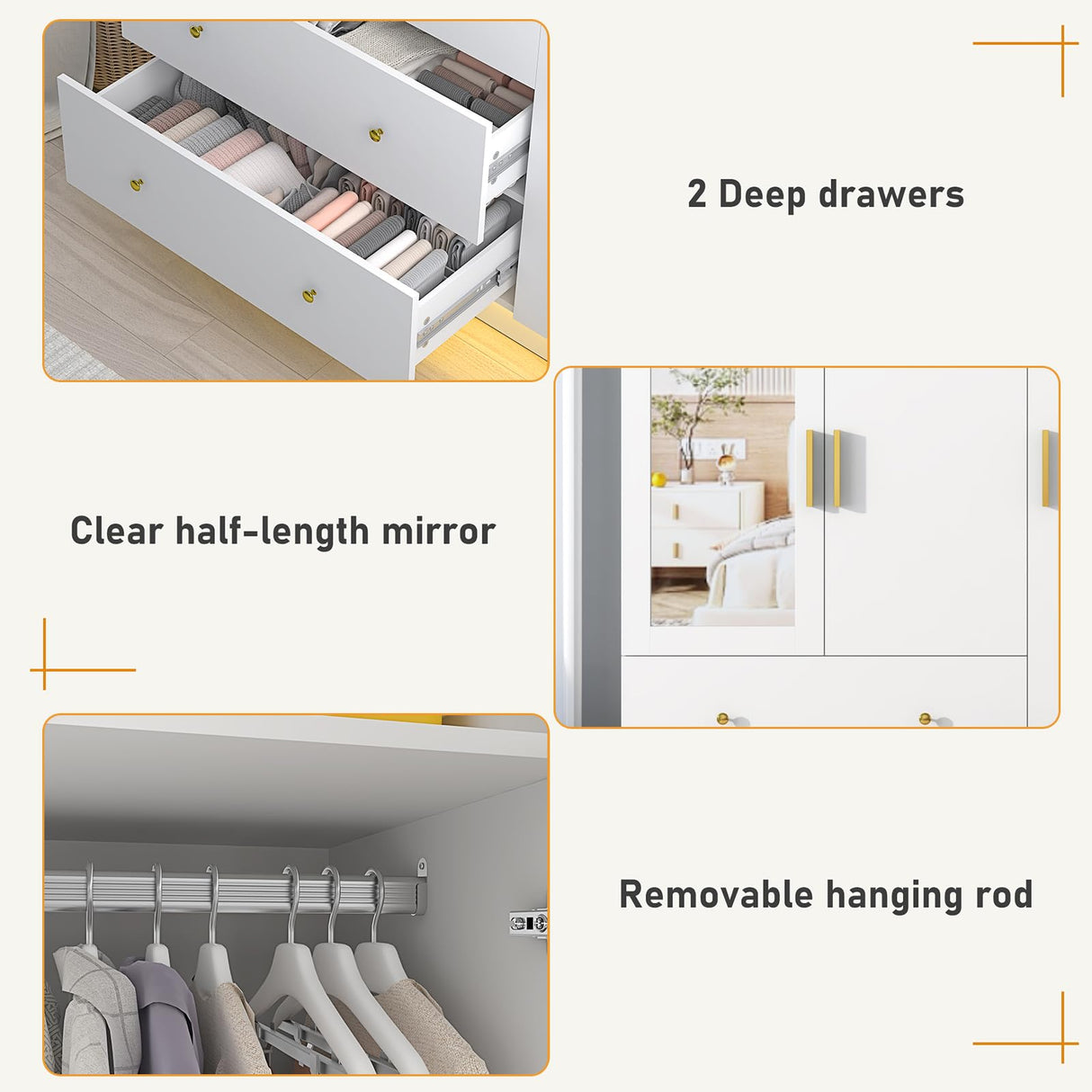 3 Doors Armoire Wardrobe Closet with Mirror, LED Armoire with Doors and Drawers, Wooden Armoire Storage Cabinet with Hanging Rod, Adjustable Shelves, White chartustriable