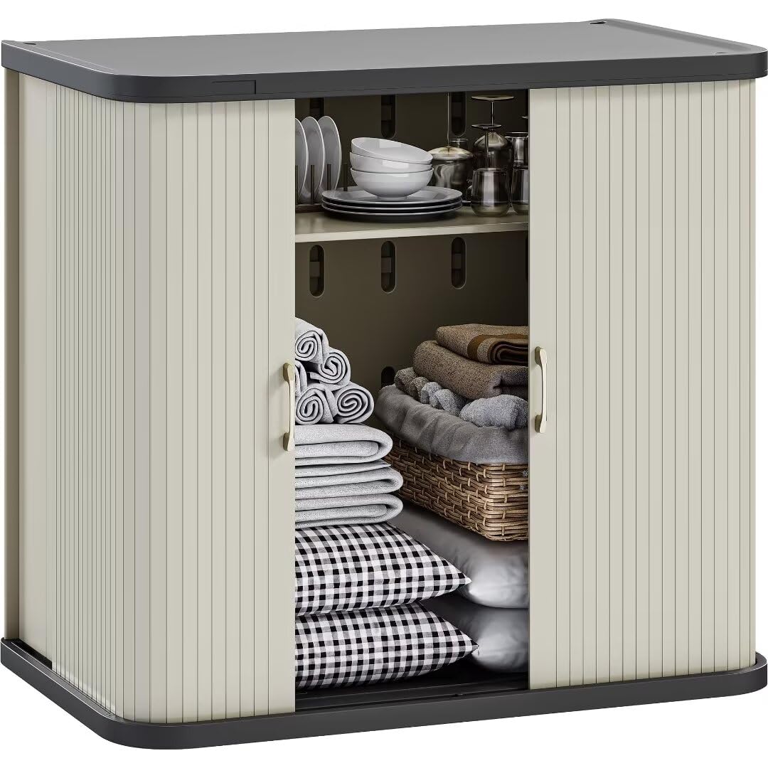 YITAHOME 73 Gallon Large Outdoor Storage Cabinet w/Shelf, Heavy-Duty Double-Wall Resin Storage Cabinet w/Sliding Doors for Indoor/Outdoor/Garage/Lawn Care, Waterproof, Light Gray YITAHOME