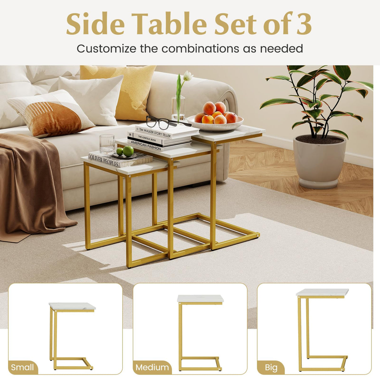Giantex Nesting Coffee Table Set of 3, Stackable Square End Table w/Faux Marble Tabletop & Heavy-Duty Metal Frame, Farmhouse C-Shaped Accent Table for Small Space, Living Room, Bedroom (White Gold) Giantex