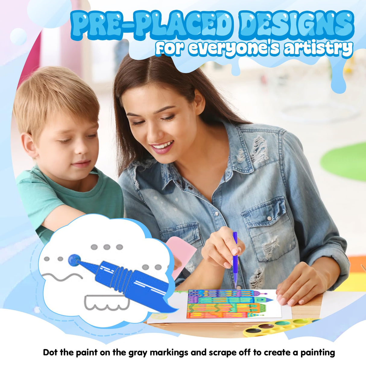 Eptchn Scratch Art for Kids Gift, Squeegee Painting Kits, Magic Dot Paint Paper Set Notebooks, Rainbow Scratch Art Kit Party DIY Gifts for Girls and Boys Ages 6 7 8 9 10 11 +(New English Instructions) Eptchn