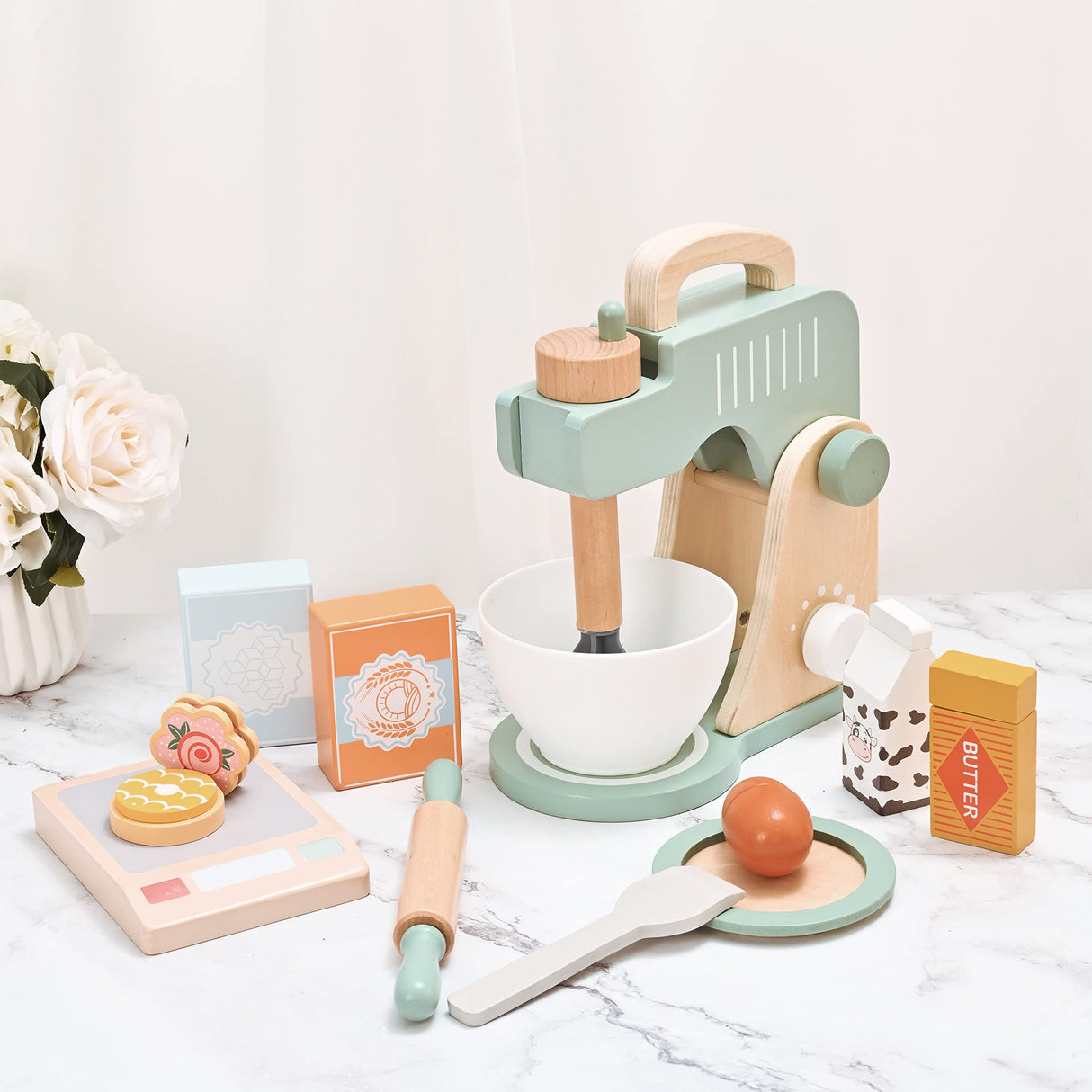 MONT PLEASANT Play Kitchen Accessories, Pretend Play Food Sets for Kids Kitchen, Wooden Toy Mixer Set, Blender Bake Cookies Playset Cooking Kitchen Accessories Toys for Boys Girls Ages 3+ MONT PLEASANT