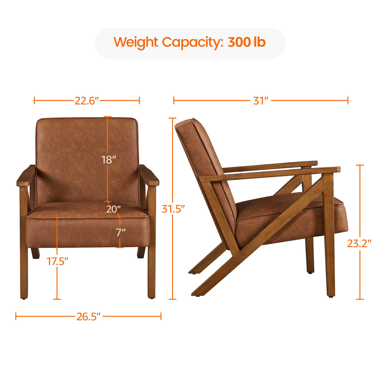 Yaheetech Accent Chair Faux Leather Armchair Lounge Chair with Wood Frame, Modern Retro Lounge Chair for Living Room/Office/Reception Area, Light Brown Yaheetech