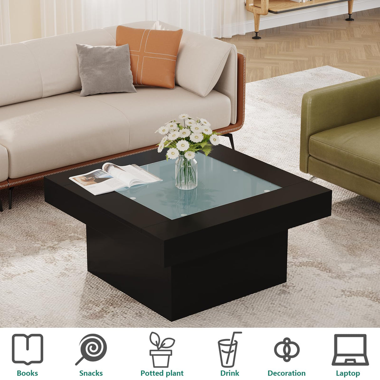 Square Coffee Table with LED Lights, 35.4" Coffee Tables for Living Room, Tempered Glass-top Coffee Table, Black Modern Center Table, Engineered Wood Low Coffee Table for Home Office Gyfimoie