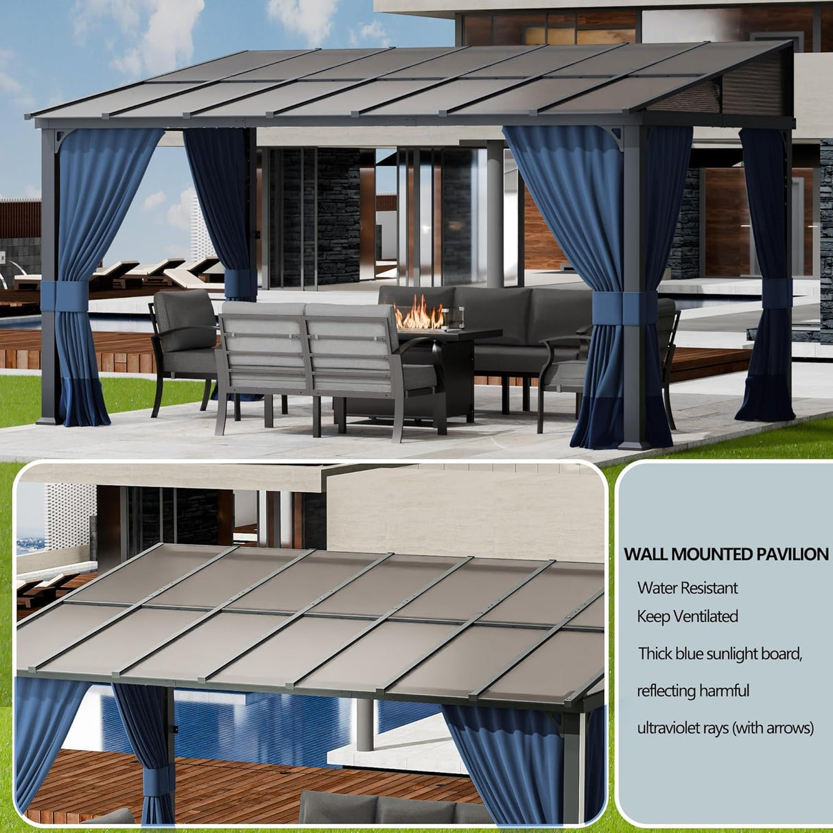 10x14FT Gazebo, Hardtop Wall Mounted Gazebo with Sloping Sun Panel Roof, Awnings for Patio with Metal Frame, Double Curtains for Garden, Lawn, Backyard Deck, Sand ASJMR