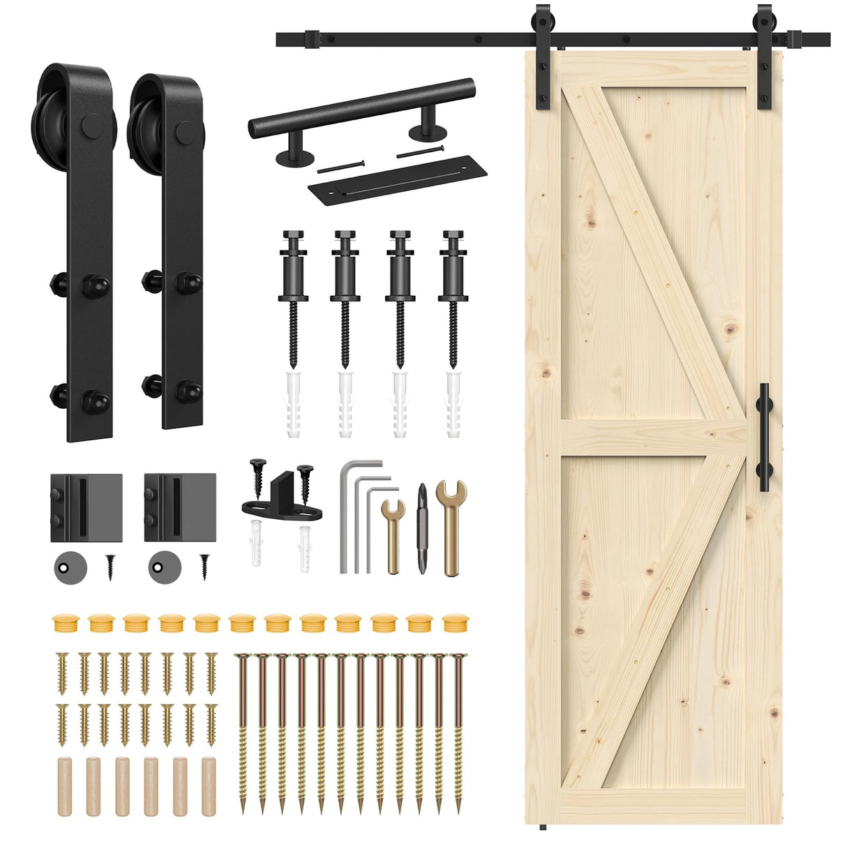ROOMTEC 28in x 84in Sliding Barn Doors with 5ft Hardware Kit Included & Handle, DIY Unfinished Solid Pine Barn Doors with Barn Door Track Kit ROOMTEC