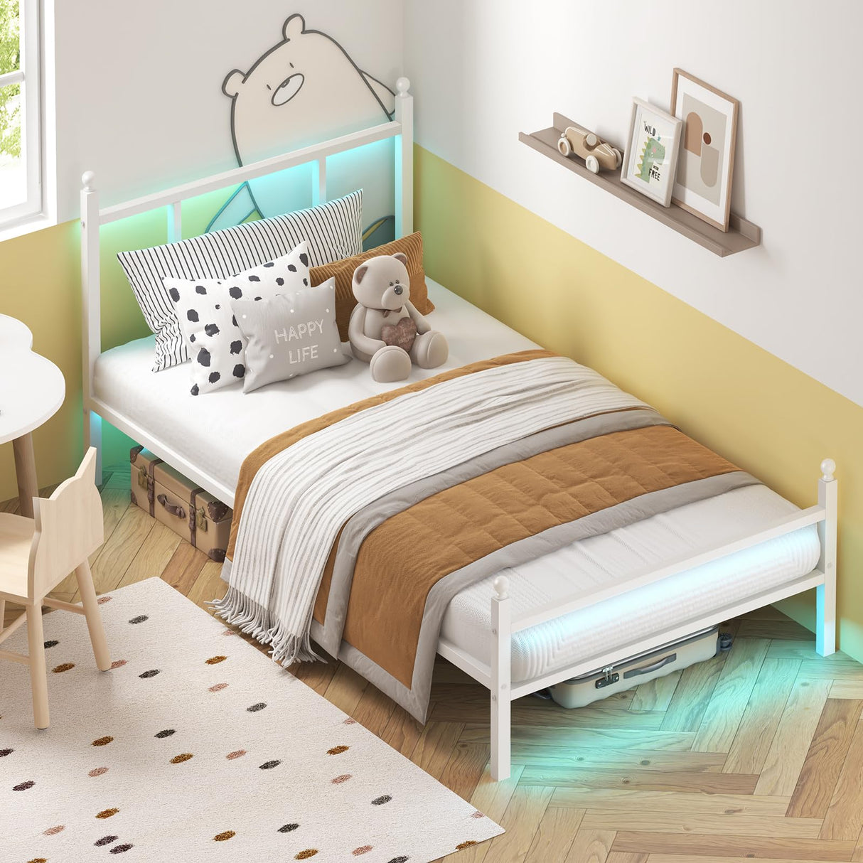 Fixwal Twin Bed Frame with Charging Station, Metal Bed Frame with Port and Outlet, White Fixwal