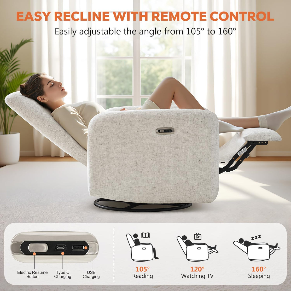SENYUN Power Recliner Chair, Swivel Rocker Recliner w/USB & Type-C Charging Ports, Chenille Upholstered Swivel Rocker Glider Recliner for Nursery,Living Room, Bedroom, 1PC, Cream SENYUN