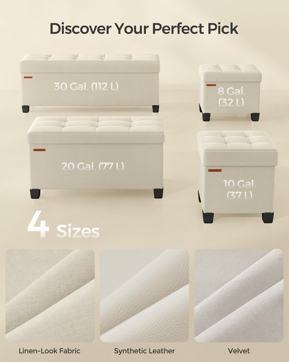 SONGMICS Storage Ottoman, Small Ottoman Foot Rest with Legs, 12.6 x 15.8 x 13.2 Inches Foot Stool, Ottoman with Storage, Load up to 660 lb, for Living Room, Bedroom, Dorm, Cream White ULSF012W01 SONGMICS
