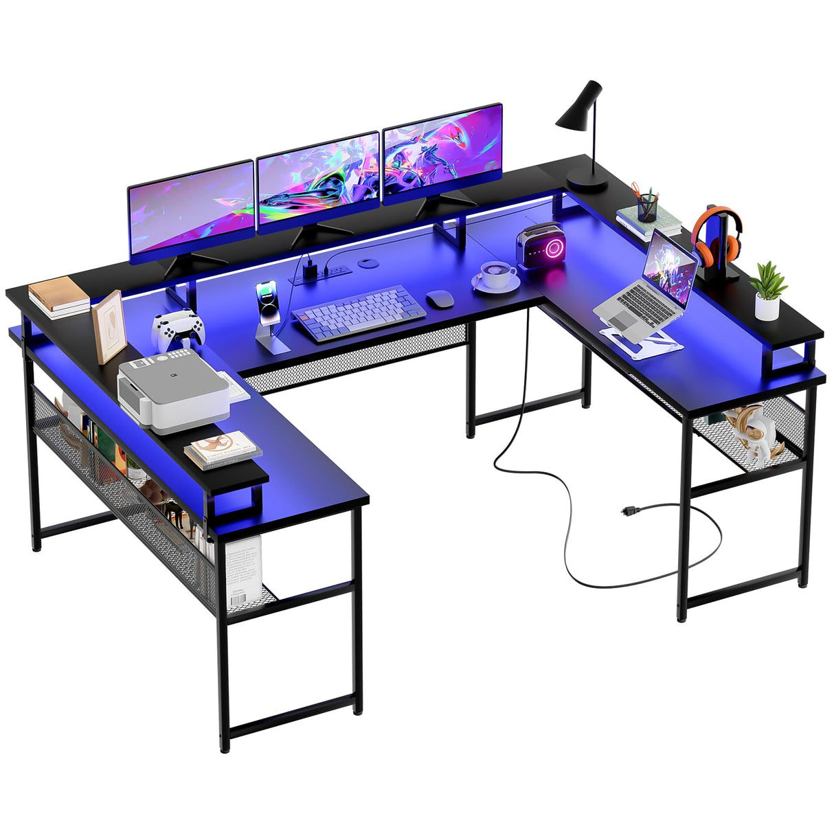 Unikito U Shaped Computer Desks, Reversible Office Desk with LED Strip and Power Outlets, L Shaped Table with Full Monitor Stand and Storage Shelves, 83 Inch Large U- Shape Gaming Desk, Black Unikito