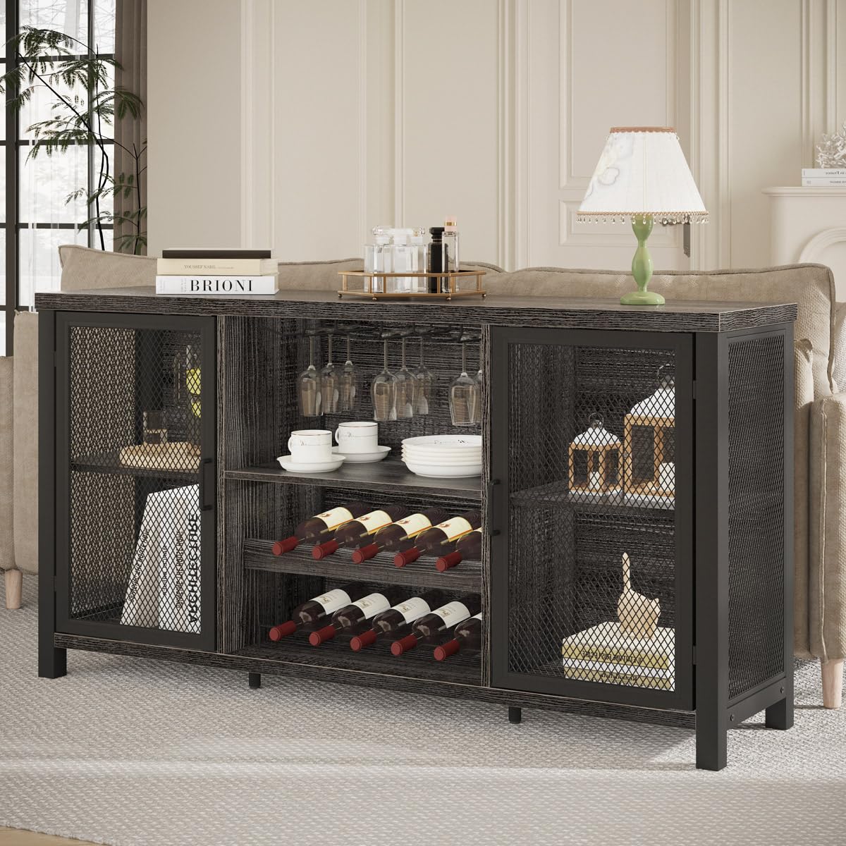 Launica Liquor Bar Cabinet, Industrial Wine Bar Cabinet, Rustic Sideboard Buffet Cabinet for Liquor, Glasses & Coffee Bar with Storage Rack for Home Kitchen Dining Room, Dark Grey Oak, 55 In Launica