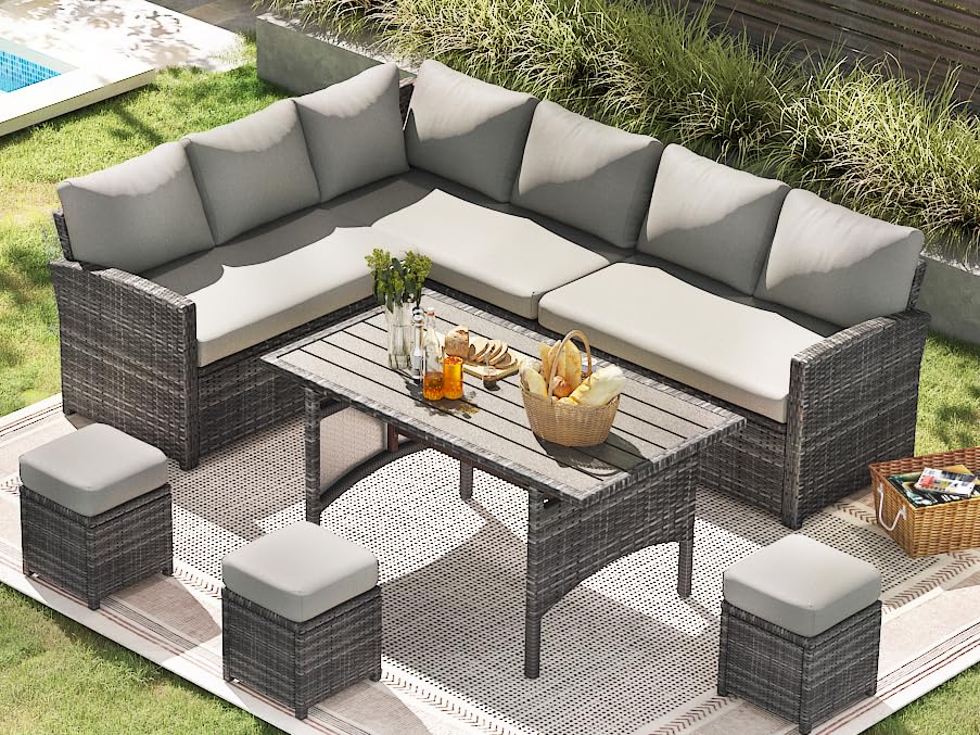 U-MAX 7 Pieces Patio Furniture Set, Outdoor Sectional Sofa Conversation Set, All Weather Wicker Rattan Dining Table & Chair with Ottoman, Grey Rattan&Grey Cushion U-MAX