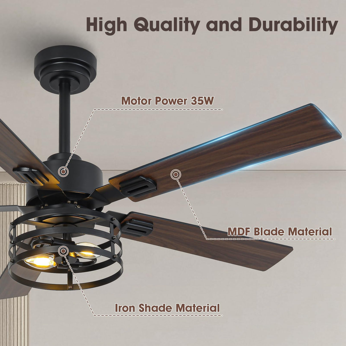 Vaczon 52" Farmhouse Ceiling Fans with Lights and Remote, Outdoor Ceiling Fan Dual Finish 5 Blades 6-Speed Quiet and Reversible DC Motor, Ceiling Fan with Light for Bedroom Living Room and Patio Vaczon