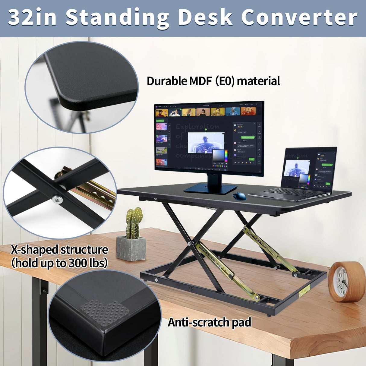 STANDNEE 32in Desk Riser for Standing or Sitting, Standing Desk Converter, Height Adjustable Sit Stand Desk Converter, Fully Assembled Monitor Laptop Riser Workstation for Home Office, Black STANDNEE