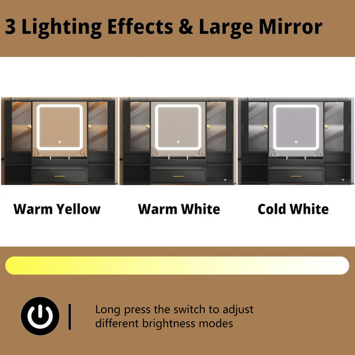 BORNOON Makeup Vanity with LARGE Lighted Mirror and Chair, 7 Drawers Vanity Makeup Desk Table with Power Strip, Adjustable Lighting, and Cushioned Storage Stool for Women, Girls, Teens, and Home Decor BORNOON