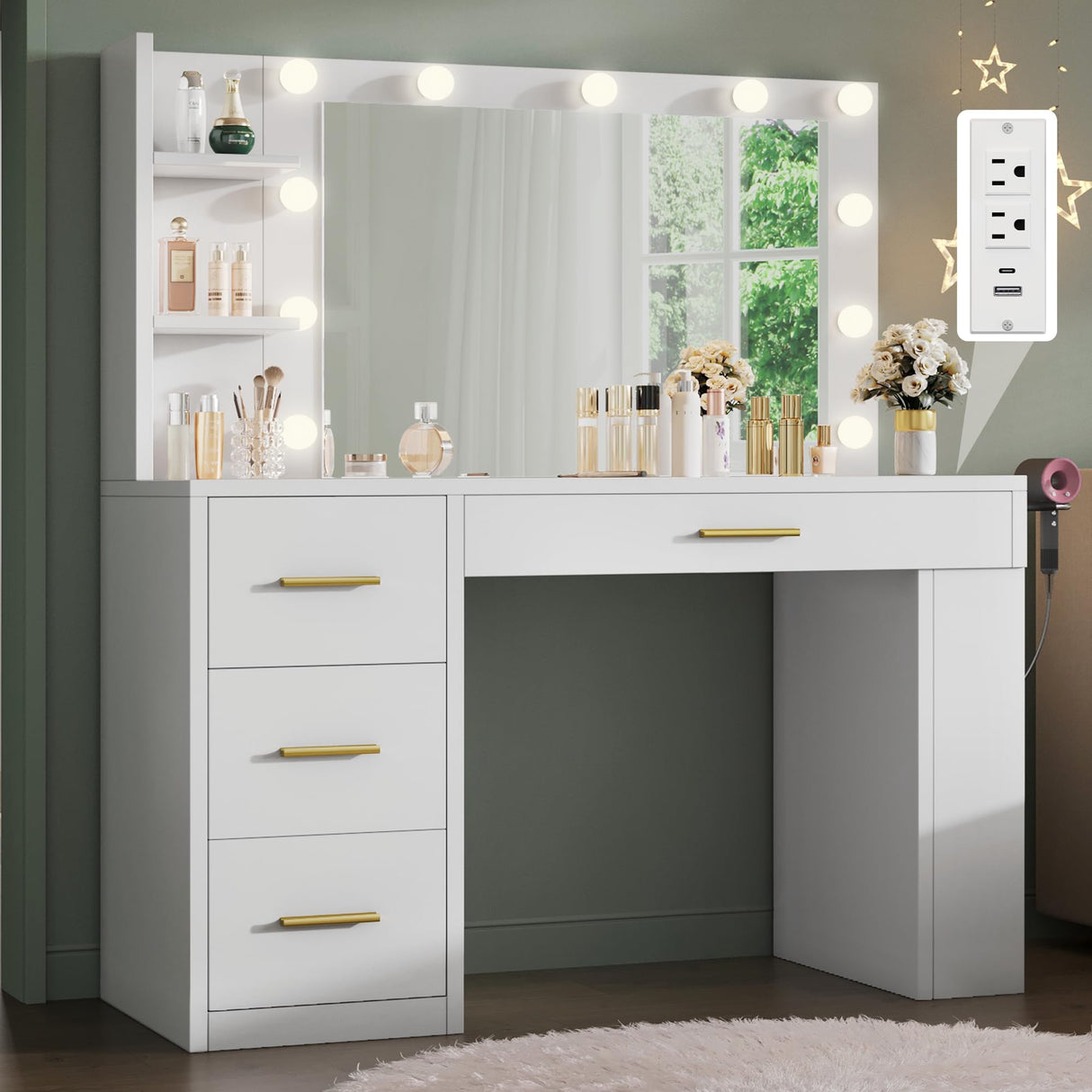 YITAHOME Vanity Desk with Mirror and Lights, Makeup Table with Charging Station, Large Vanity Set with 4 Drawers, Cute Makeup Desk with 6 Storage Shelves, White YITAHOME