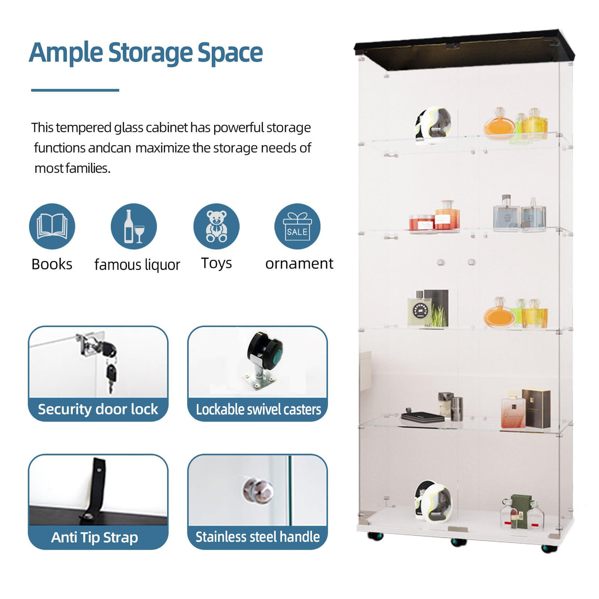 5-Shelf Glass Display Cabinet with Lights Strip & Lock Door,Curio Cabinets Collectibles Display Case,Tempered Glass Freestanding Bookshelf for Living Room Bedroom Office, 76 x 30.9 x 13.5 in,Black TehRecBT