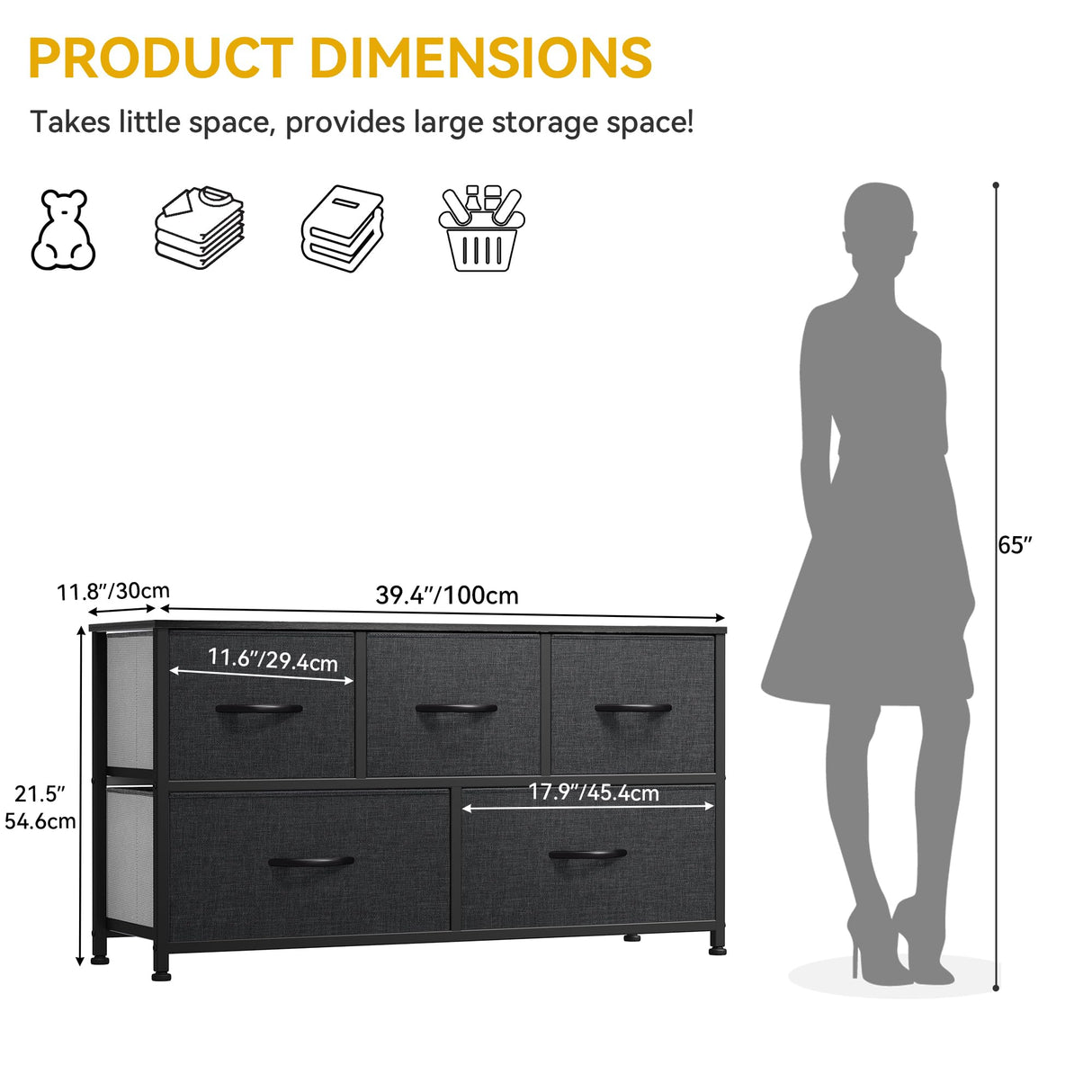 DWVO 5 Dresser for Bedroom, Fabric Dresser with 5 Drawers, Chest of Drawers for Closet, Black Dresser & Chest of Drawers DWVO