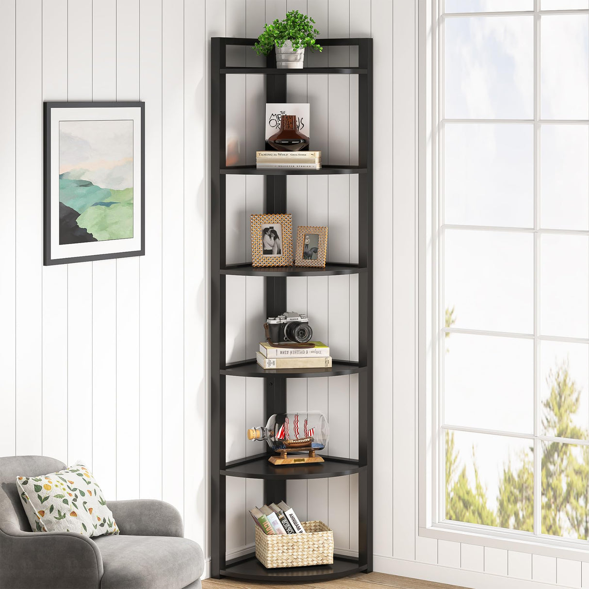 Tribesigns 6 Tier Corner Shelf, 70.9 Inch Tall Corner Bookshelf Small Bookcase Modern Corner Shelving Unit Storage Rack for Living Room, Home Office, Kitchen, Small Space (Black) Tribesigns