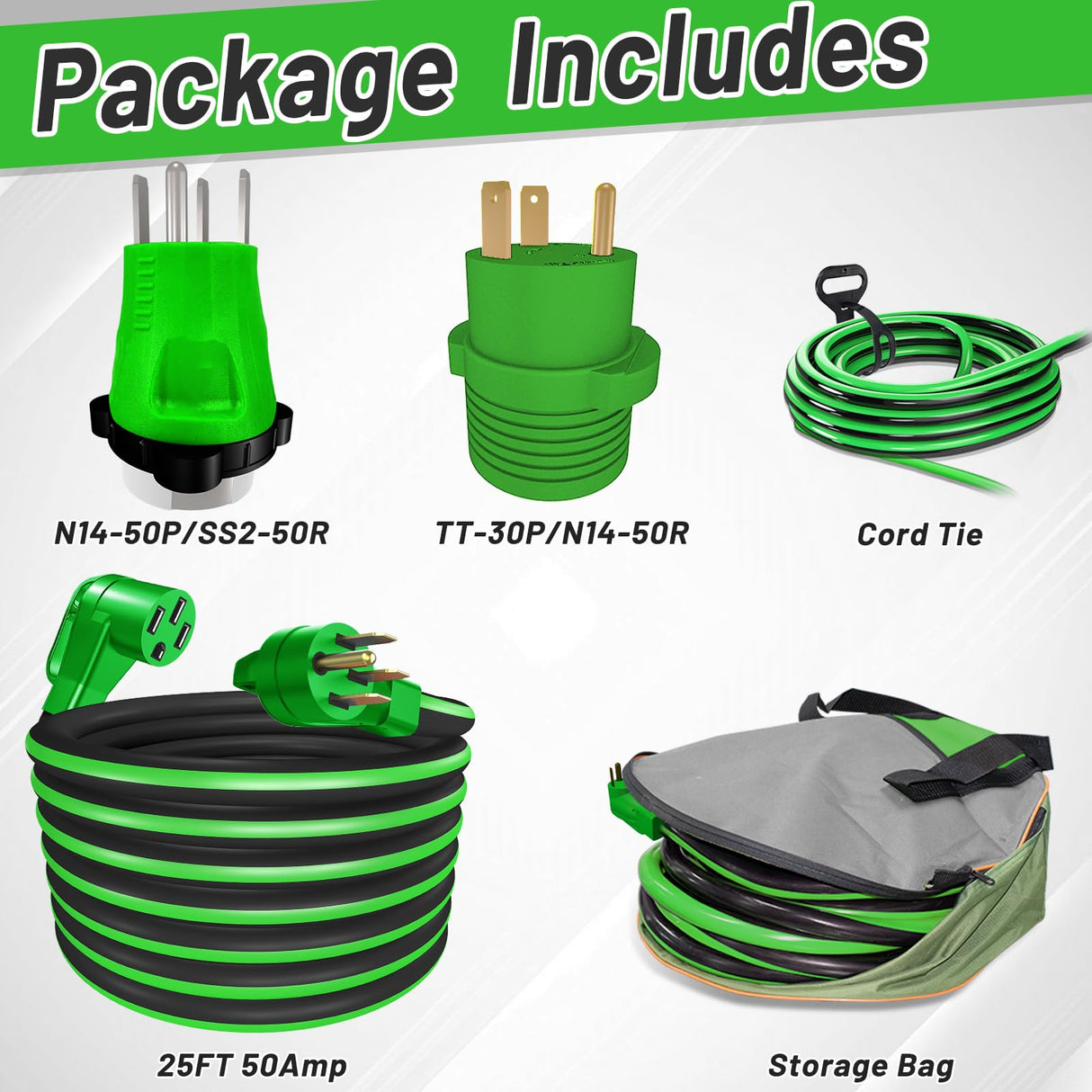 RVPLAN 25 FT 50 Amp RV/EV Extension Cord Outdoor Waterproof,4 Prong Flexible Heavy Duty STW RV Power Cord,NEMA 14-50P/R Standard Plug Suit for EV Charging and RV Trailer Campers, Black-Green,ETL RVPLAN