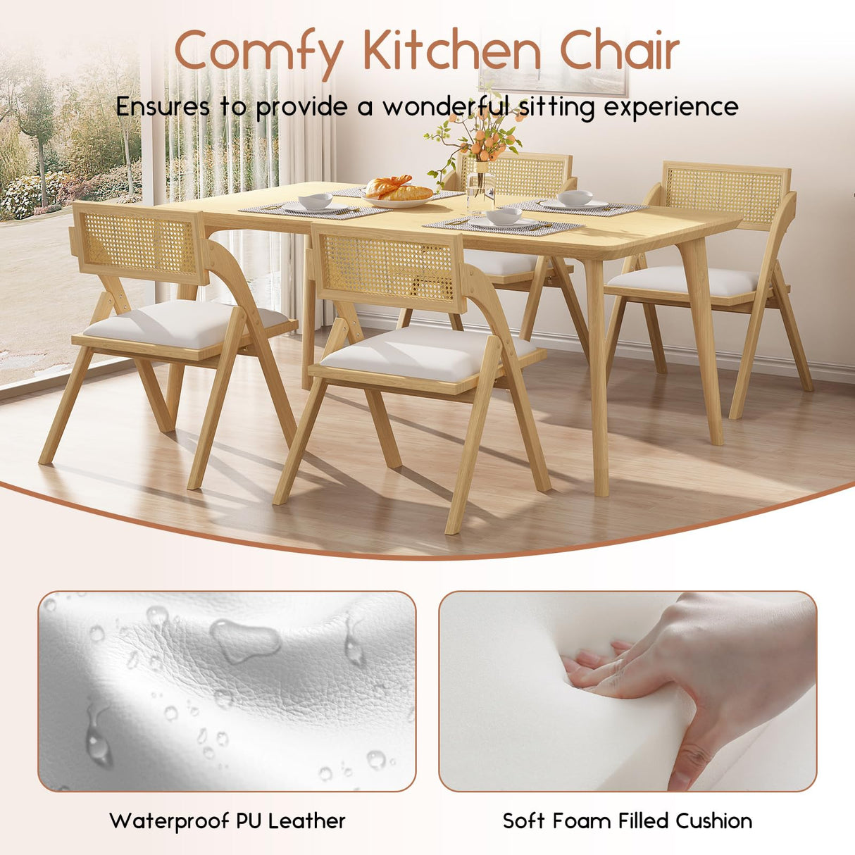 lavimiya Beige Folding Dining Chairs Set of 2, Wooden Foldable Dining Chairs, Modern Mid Century Leather Rattan Dining Room Chairs with Padded Cushion for Kitchen, Living Room, Small Space lavimiya