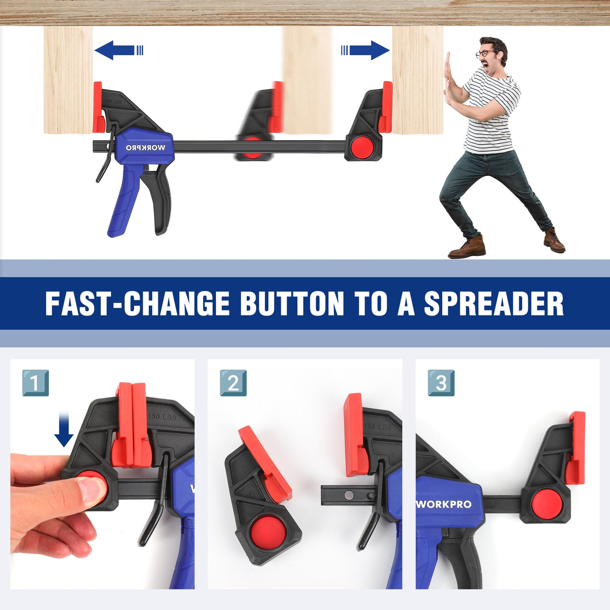 WORKPRO 6" Bar Clamps for Woodworking 2-Pack, Quick-Release Wood Clamps/Spreader Light Duty, One Hand F Clmaps 150 LBS Load Limit, Ideal for Woodworking and DIY Projects WORKPRO