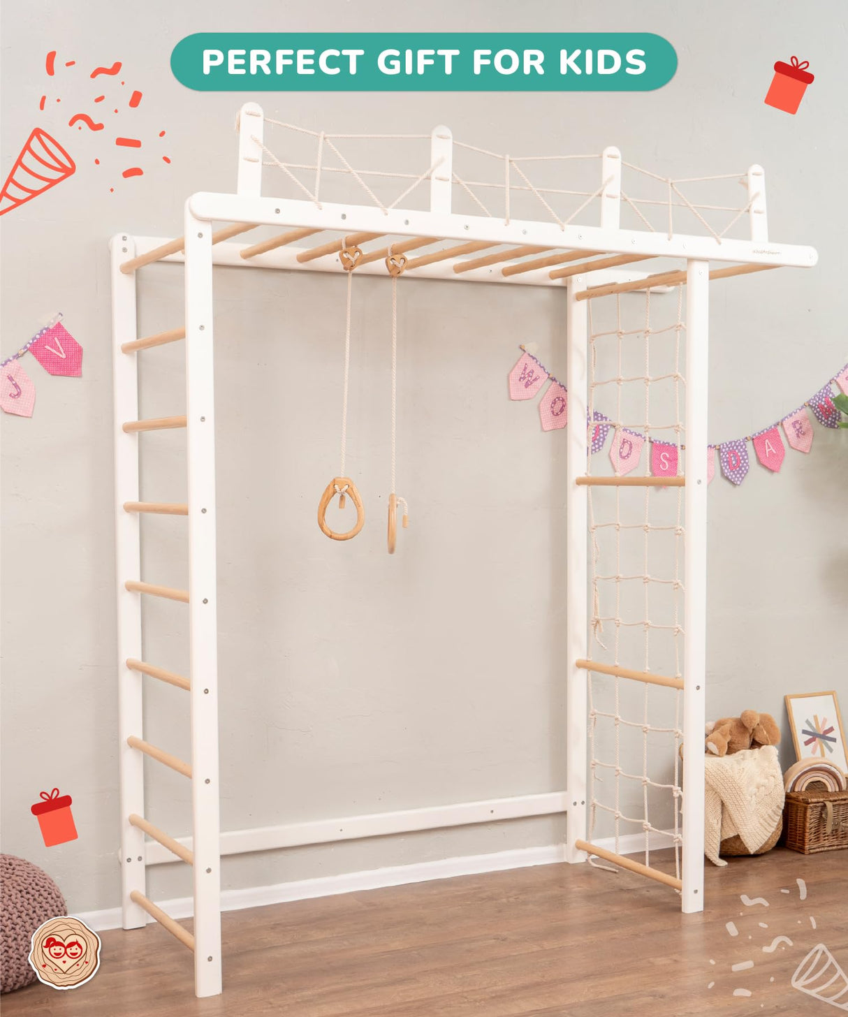 Woodandhearts Swedish Ladder Indoor Playground, Climbing Wall for Kids, Montessori Climbing Set, Indoor Jungle Gym for Toddlers (Pair of Gymnastic Rings) Wood And Hearts