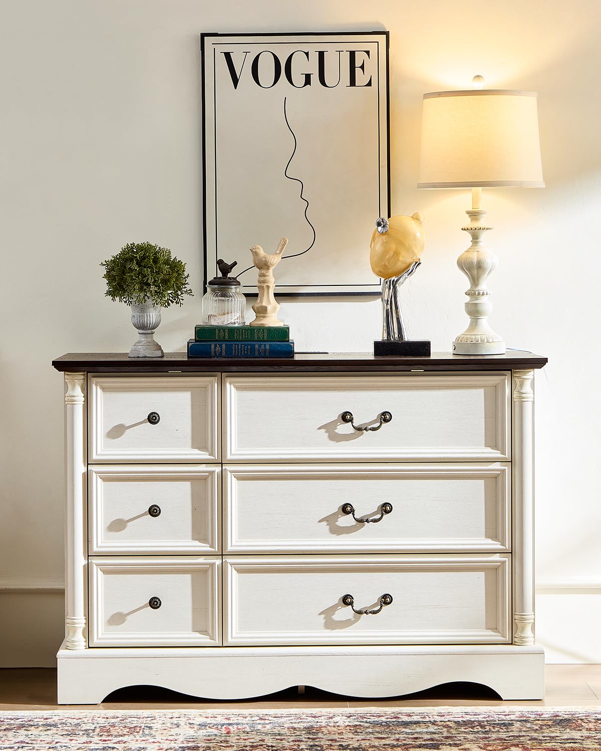 6 Drawers Dresser, Farmhouse Chest of Drawers with Charging Station, Distressed Finish Design, Modern Storage Dressers Organizer TV Stand for Bedroom, Living Room, Hallway, Antique White LegacyAmerhome