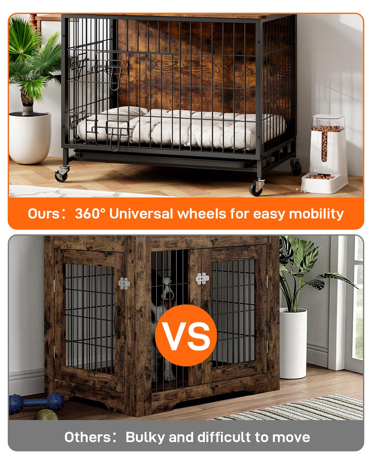 Dog Crate Furniture, 2024 New Furniture Style Dog Crate with Removable Tray and Wheels, Heavy-Duty Double-Doors Dog Cage End Table, 32.5" Wooden Dog Kennel, Indoor Dog House for Large Dogs, Brown GAOMON