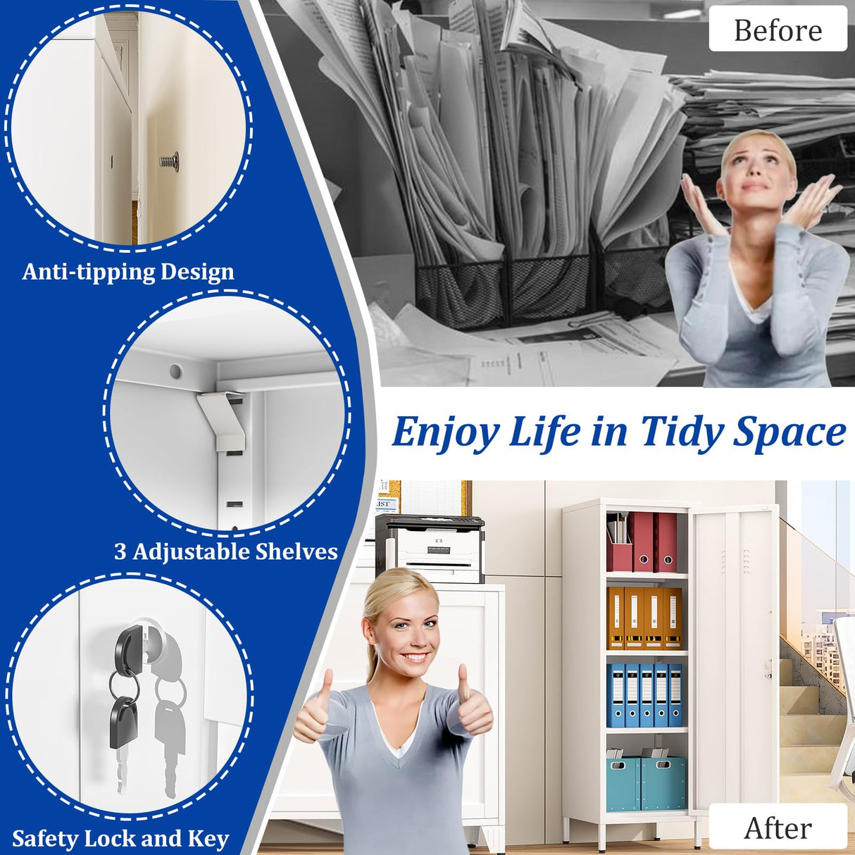 GAIOUS Metal Locker Storage Cabinet, Steel File Cabinet with Door and Shelves, Locked Storage Cabinet for Small Spaces, Locker for Employees, Storage Locker for Office Garage School Gym (1 Door,White) GAIOUS