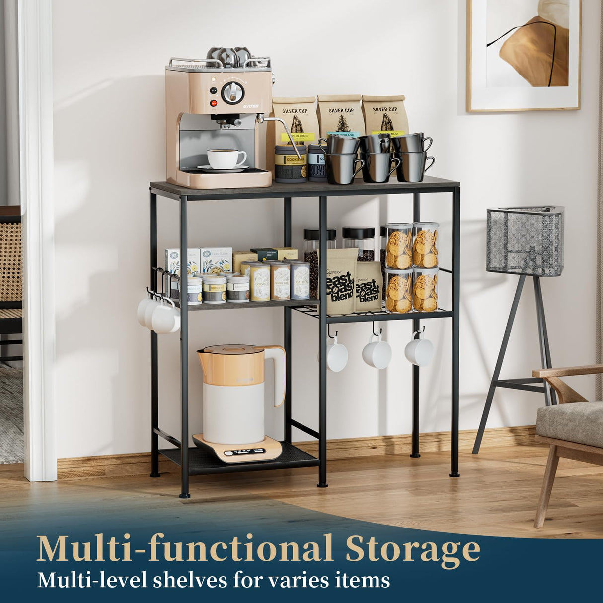 Consumest Bakers Rack with Storage - Microwave Stand and Coffee Bar Cabinet, Multifunctional Pan Organizer with 6 Hooks and 2 Shelves, Microwave Cart for Kitchen, Living Room, Grey&Black Consumest