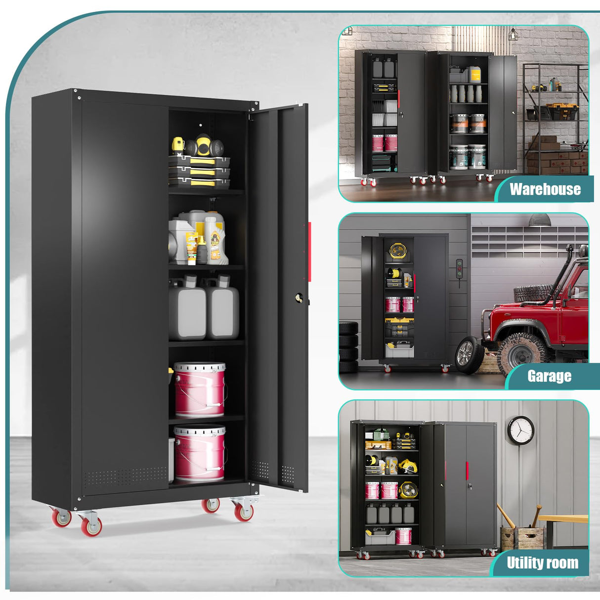 Eltean Metal Garage Cabinets with Wheels| 71" Steel Lockable Garage Storage Cabinet with 4 Adjustable Shelves, Heavy-Duty Tool Storage Cabinet for Home, Basement, Workshop (Black) Eltean