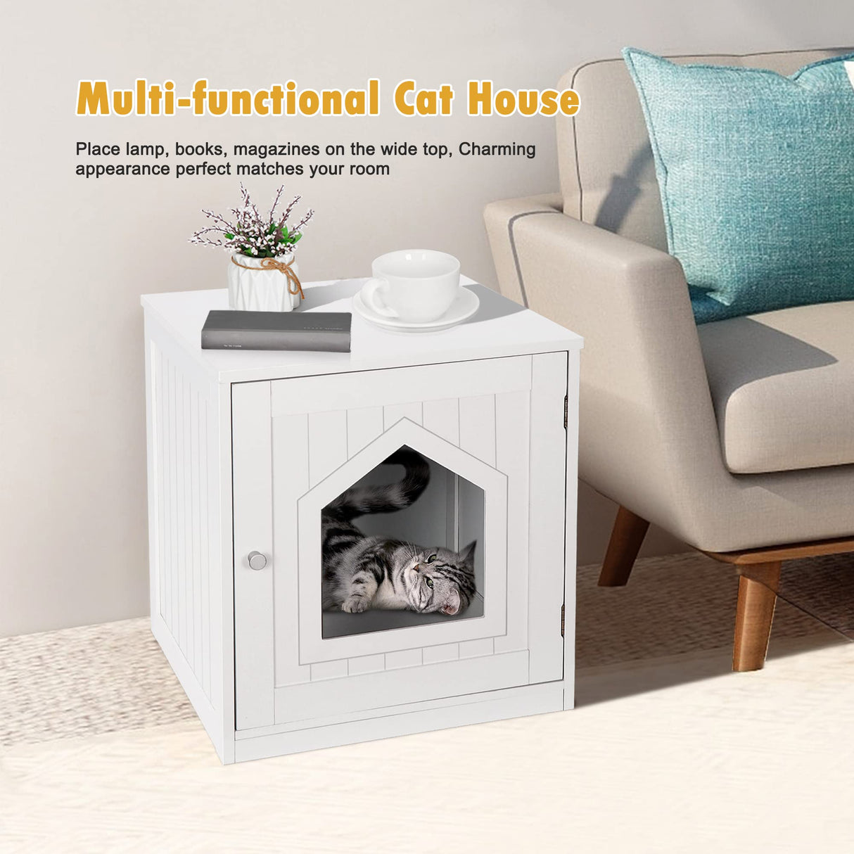 Nova Microdermabrasion Cat Litter Box Enclosure Hidden Kitty Litter Box Furniture Indoor Cat Box Cabinet Cat House & Side Table Nightstand Cat Washroom (White) Nova Microdermabrasion