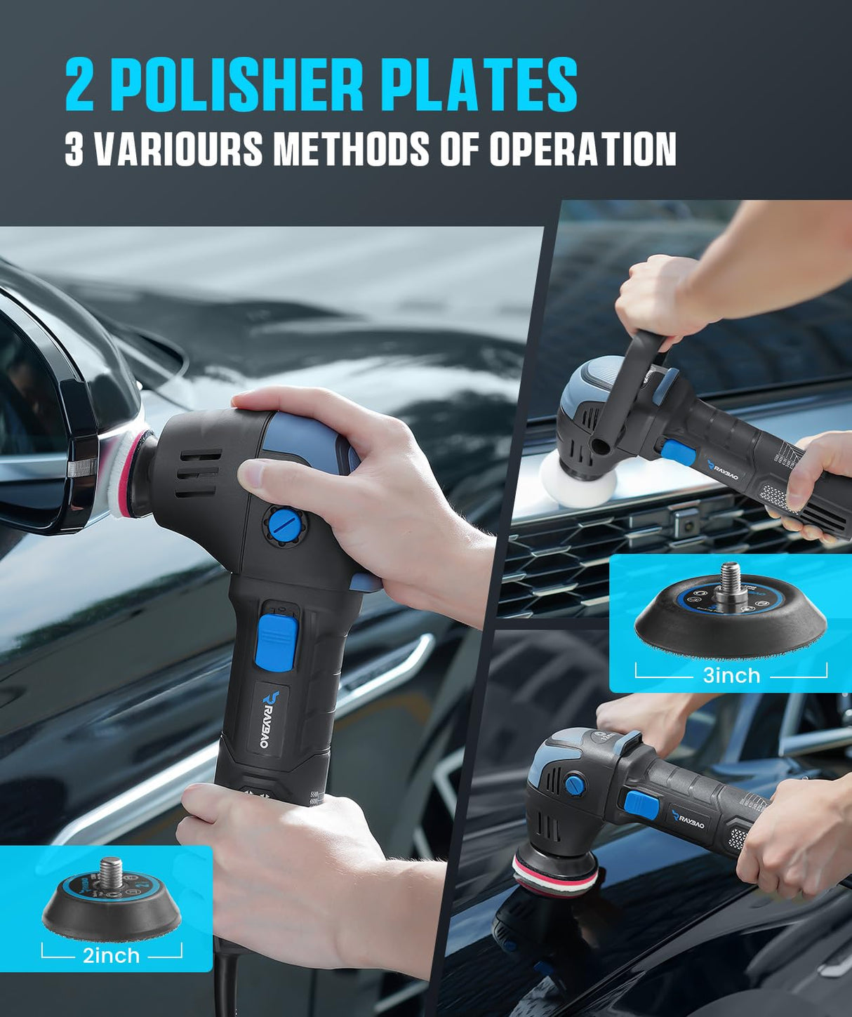 Mini Polisher, 2inch/ 3inch 750W Car Buffer Polisher with 12mm Random Orbital-Improve Work Efficiency by 35%, with 16pcs Trapezoidal Polisher Pads &16.4 ft Cord, Polisher for Car Detailing and Waxing RAYBAO