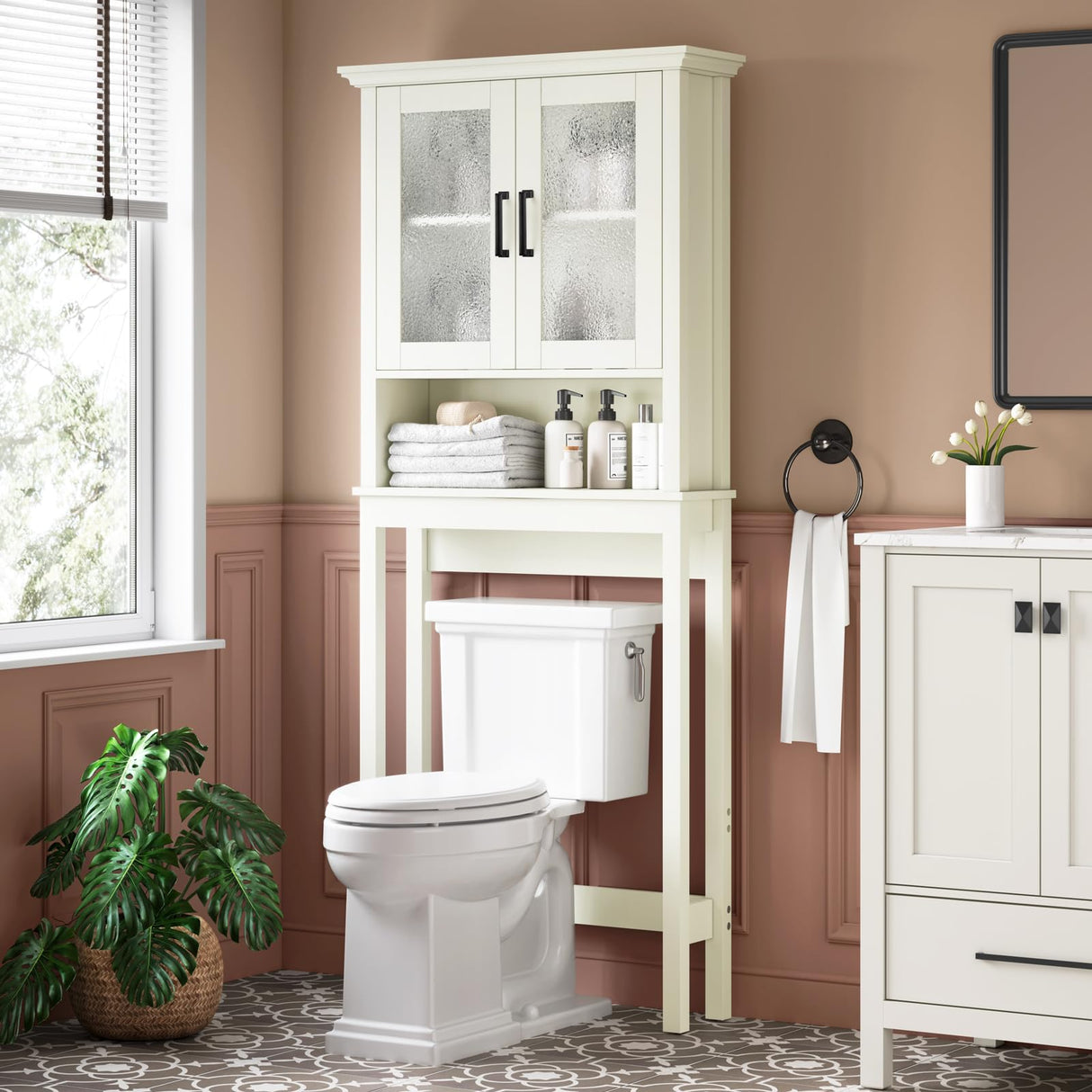 Baztin Over The Toilet Storage Cabinet, Over Toilet Bathroom Organizer with Doors and Adjustable Shelf, Thicken Frame Above Toilet Storage Cabinet Behind Toilet Bathroom Organizer, Cream White Baztin