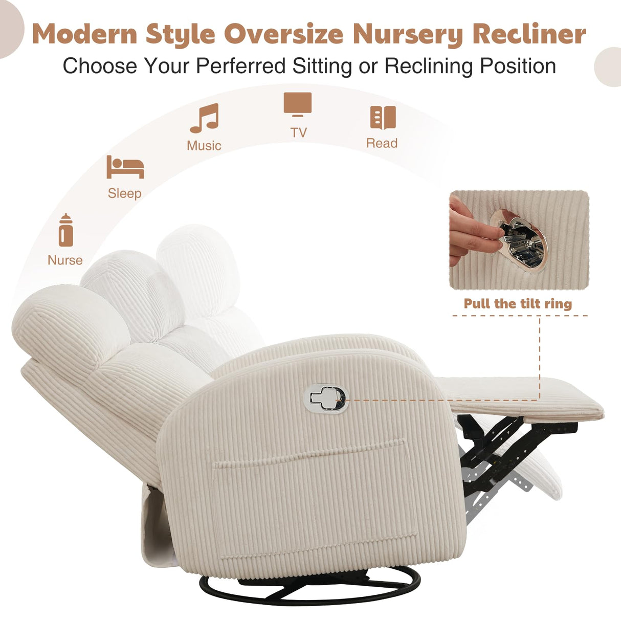 AEMEIOS Swivel Recliner Rocker Nursery, Nursering Glider Recliner, Manual Swivel Rocking Reclining with Double Pockets for Living Room, Corduroy Cream White AEMEIOS