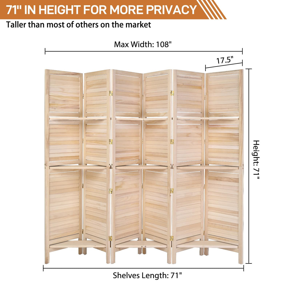 Bonnlo 6 Panels Wood Room Divider with Shelves, 6 FT Height Folding Privacy Screens, Indoor Freestanding Room Partition Wall Divider, Hinged Space Separator (Natural, 6 Panel) Bonnlo
