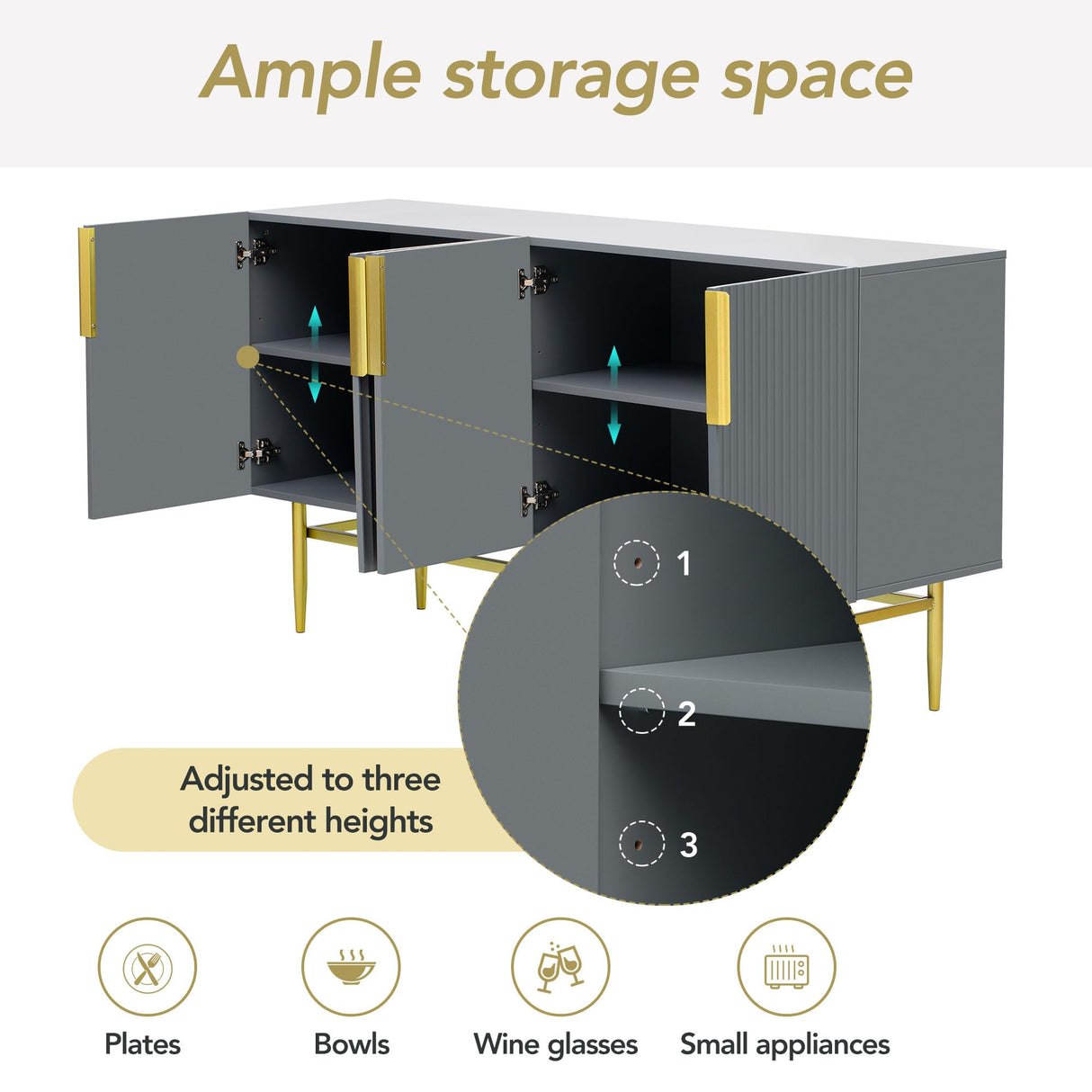 NicBex Modern Elegant Sideboard Cabinet,Large Buffet Storage Cabinet with Gold Metal Handle,4-Door Sideboard Buffet Cabinet for Living Room,Bedroom and Hallway,Gray NicBex