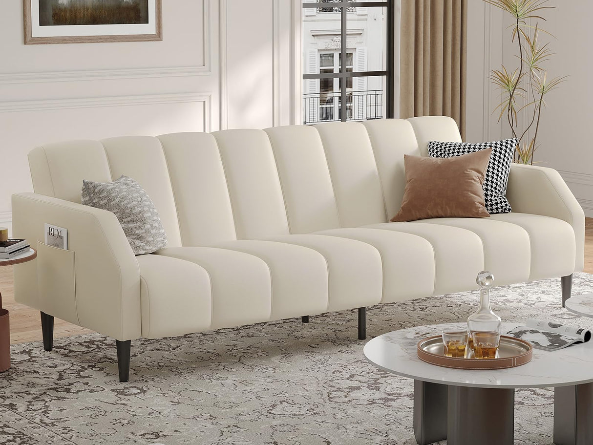 Fadware Faux Leather Couch, Convertible Futon Sofa Bed with Adjustable Backrest, Mid Century Leather Sofa Loveseat with Side Pockets& Metal Leg, Modern Leather Sleeper Sofa for Living Room Bedroom Fadware