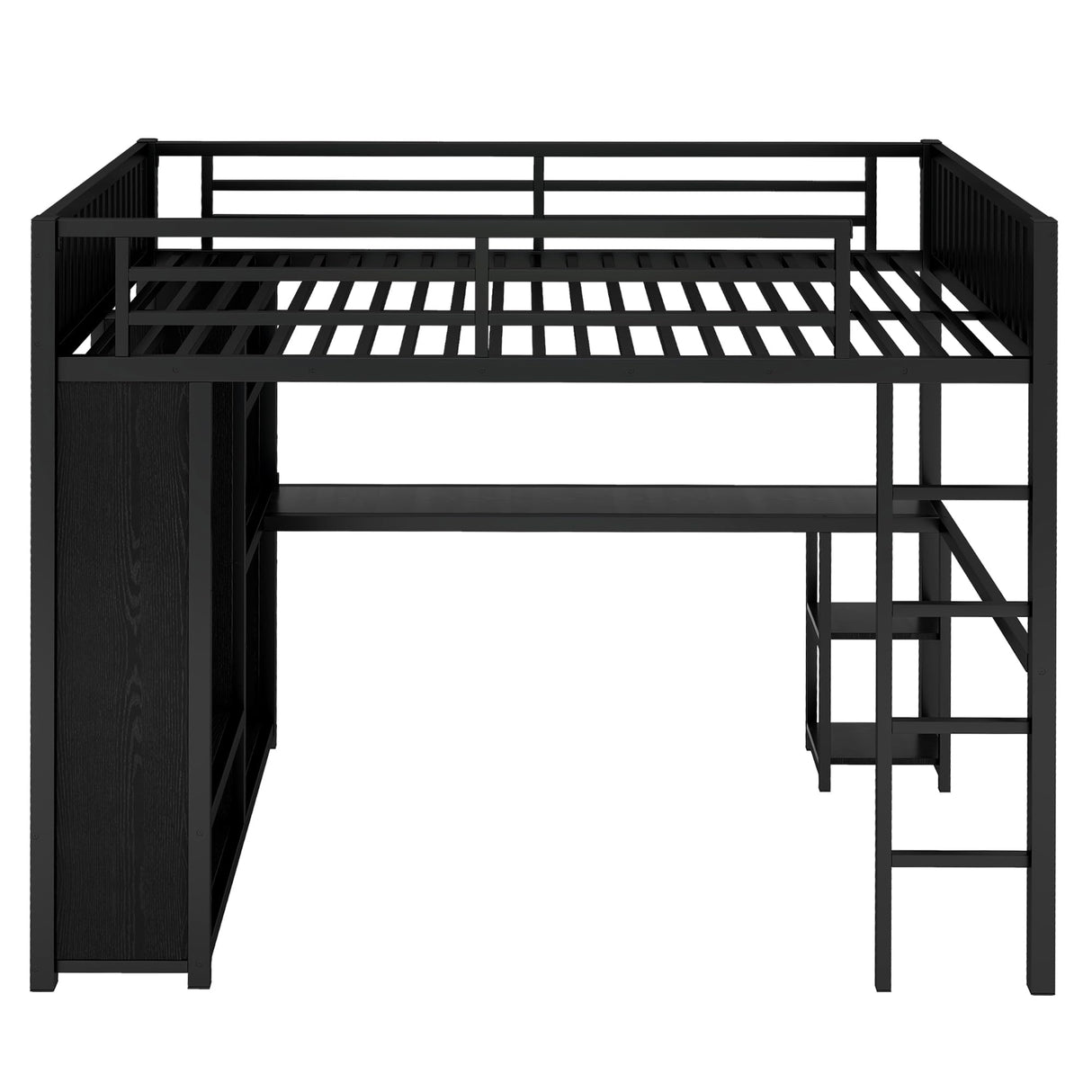 Ball & Cast Queen Size Loft Bed with Desk and Storage Shelves,Metal Loft Bed Frame with Built-in Wardrobe &Full-Length Guardrails,Space Saving Design,Noise Free,Black Ball & Cast