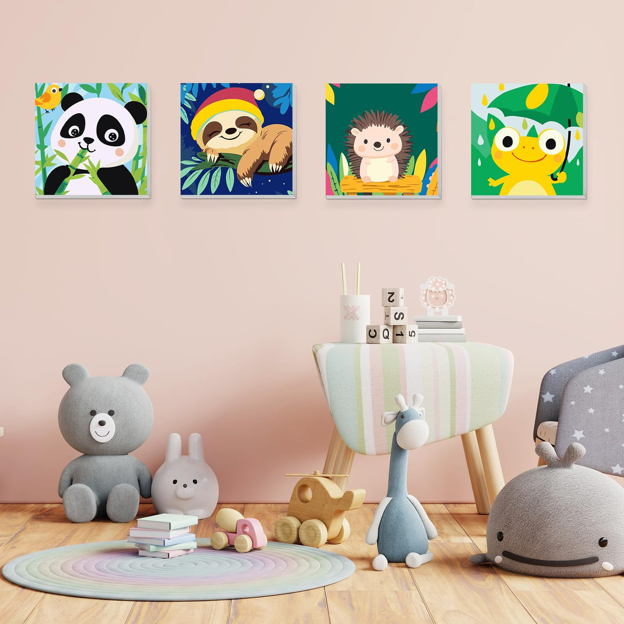 KEYIFA 4 Pack Framed Paint by Numbers Kit for Kids Age 6-12, Easy Animal Paintings for Adult Beginner, Framed Acrylic Canvas Painting for Home Decor Children Gift, 8x8 in (Sloth+Panda+Hedgehog+Frog) KEYIFA