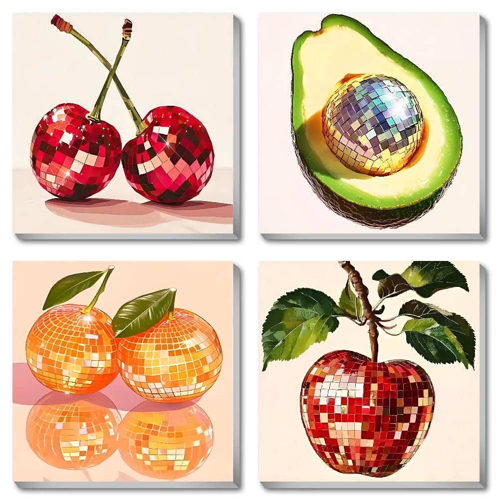 4 Pack Disco Ball DIY Paint by Number Beginners,Fruit Oil Painting Adults' Paint-by-Number Kits,Acrylic Paint Kit with Frame for All Ages,Easy Paint by Numbers Kids on Canvas 8x8inch Canrichshop