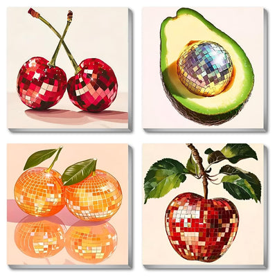 4 Pack Disco Ball DIY Paint by Number Beginners,Fruit Oil Painting Adults' Paint-by-Number Kits,Acrylic Paint Kit with Frame for All Ages,Easy Paint by Numbers Kids on Canvas 8x8inch