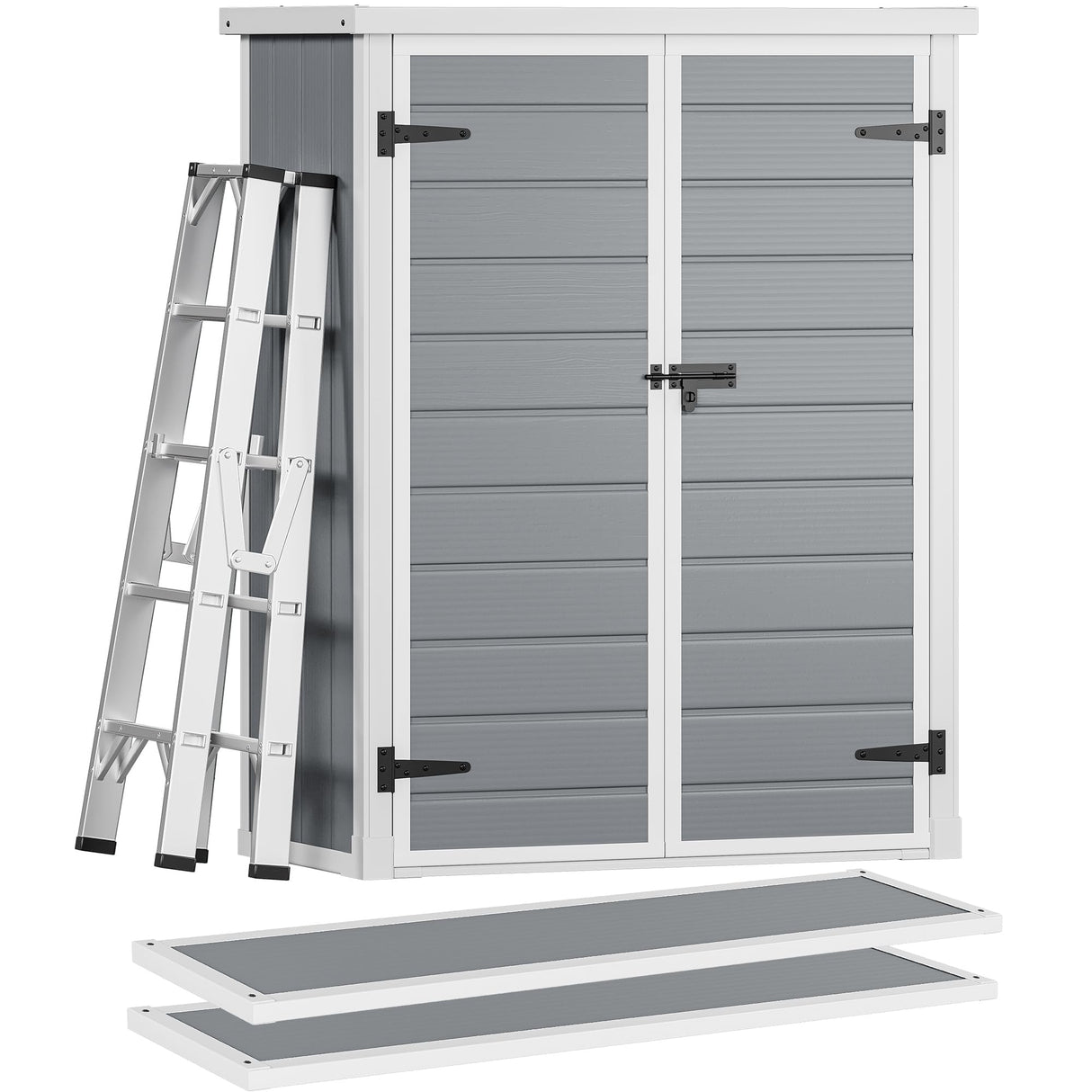 DWVO Outdoor Vertical Storage Shed with 2 Shelves, 49 Cu Ft Waterproof Resin Garden Shed with Floor & Lockable Door, Plastic Tall Tool Cabinet for Garbage Cans, Lawn Equipment, Garden Supplies (Gray) DWVO