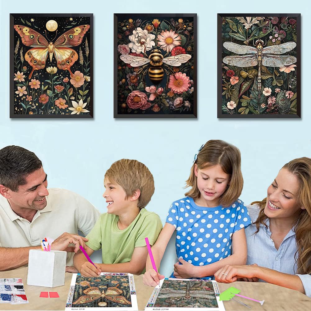 NEGEKFKX 3 Pack Insect Diamond Art Kits for Adults Beginners,Dragonfly Bee Moth Diamond Painting Kits for Adults,5D Full Drill DIY Diamond Dot Gem Art Kit Wall Home Decor Arts Craft 12x16 inch NEGEKFKX