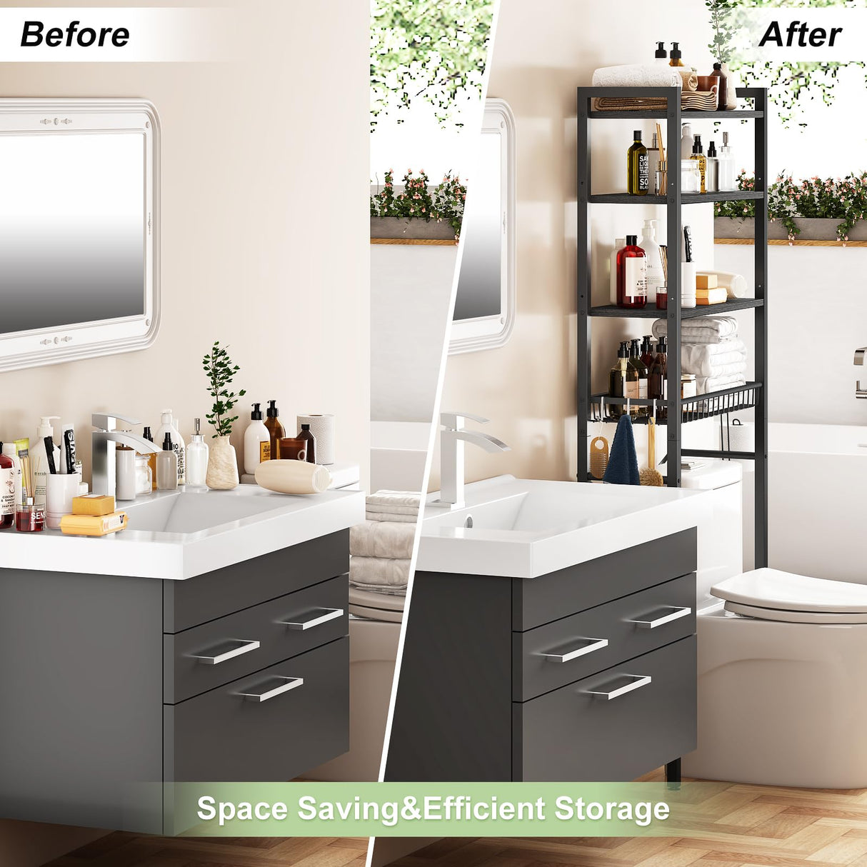 Kalrin Over-The-Toilet Storage Rack, 4-Tier Bathroom Organizer Shelf Over Toilet with Adjustable Shelf and Basket, Freestanding Space Saver Bathroom Shelves Above Toilet for Room (Pure Black) Kalrin