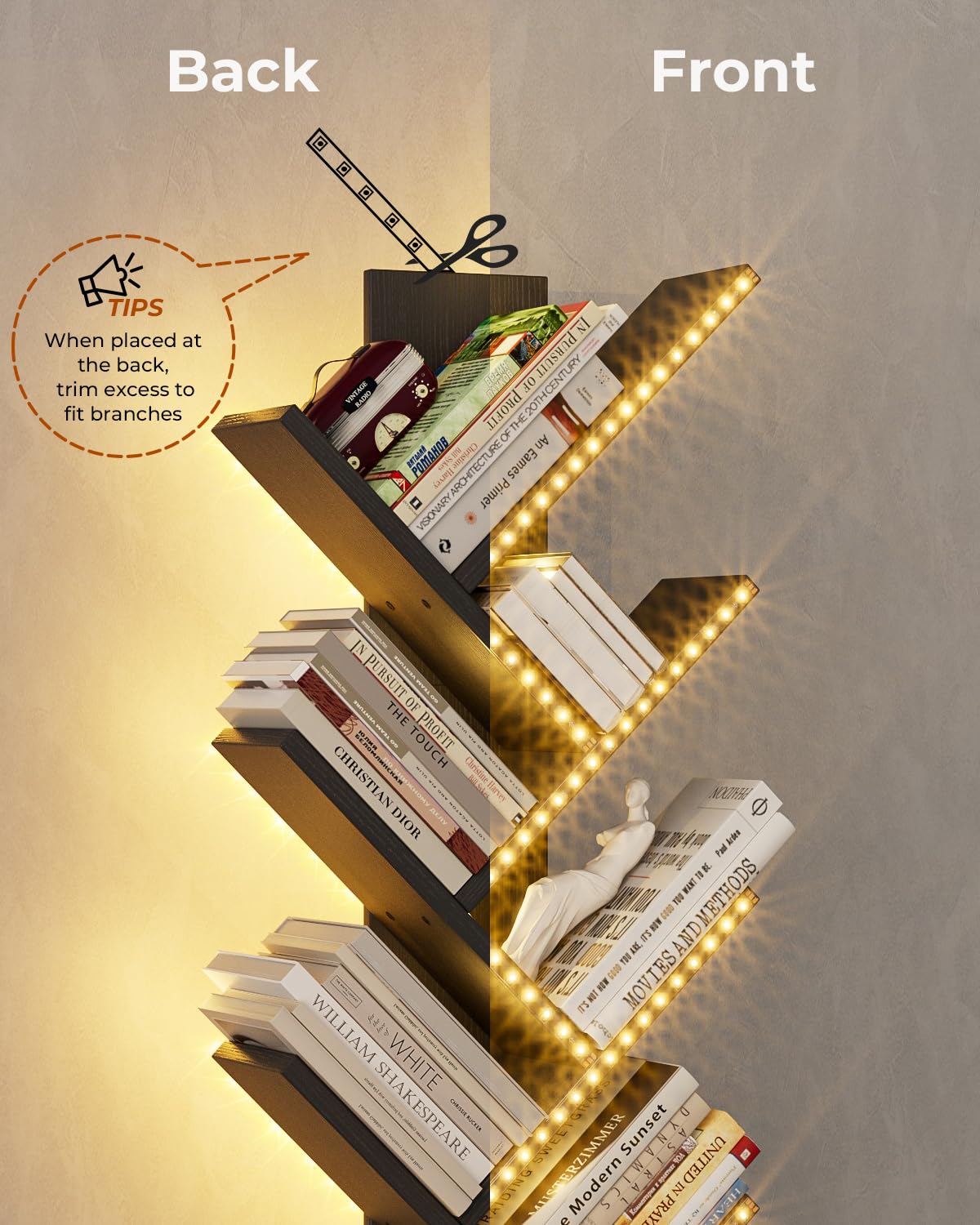 Evermagin 6 Tier Tree Bookshelf with LED Light, Vertical Bookcase Tower with Remote App Control, Music Sync Color Changing Floor Standing Book Shelf, Black Evermagin