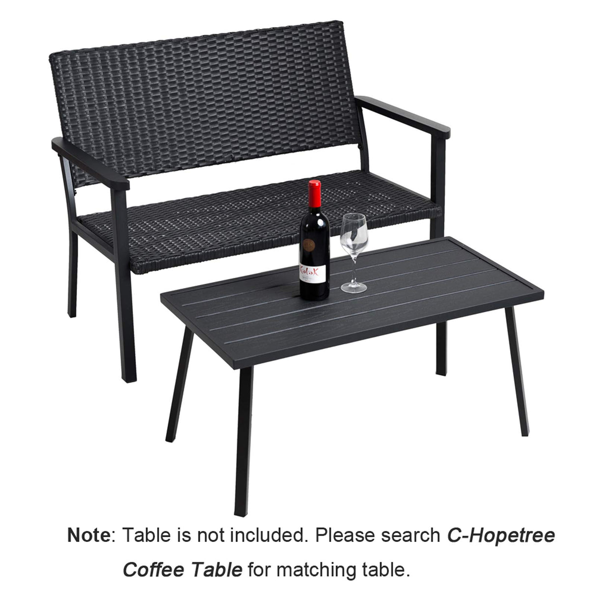 C-Hopetree Outdoor Loveseat Bench Chair for Outside Patio Porch, Metal Frame, Black All Weather Wicker C-Hopetree