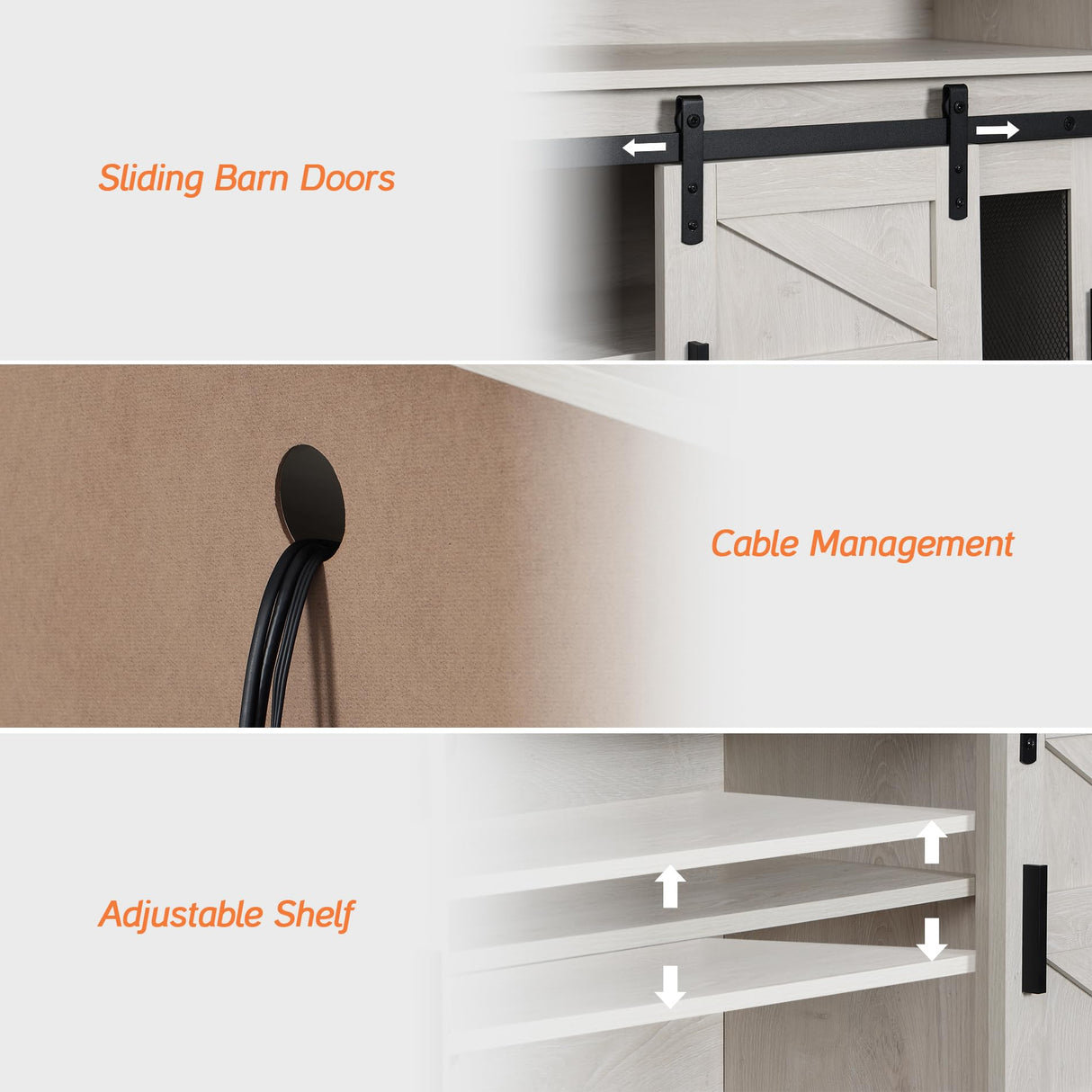 WAMPAT 2-in-1 Farmhouse TV Stands for 100+ Inch TV, Antique White 118" Wooden Entertainment Center with Mesh and Barn Doors, Set of 2 TV Console with Open Storage Space for Living Room, Bedroom WAMPAT