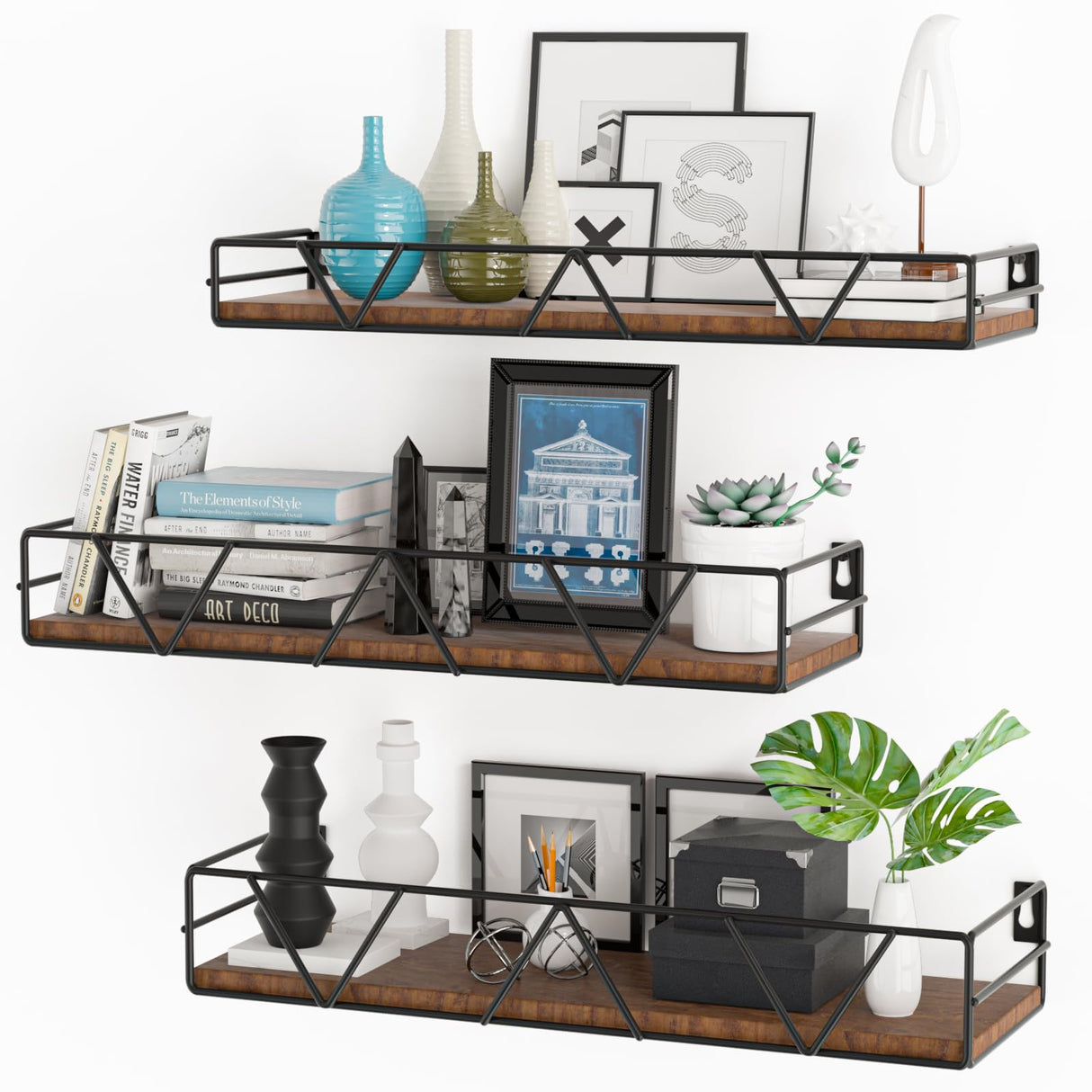 Amaoot Floating Shelves Set of 3, Home Wood Wall Shelf, Farmhouse Shelf for Bedroom, Wall Mounted Floating Shelf for Living Room, Bedroom, Bathroom, Kitchen, Office (Black) Amaoot